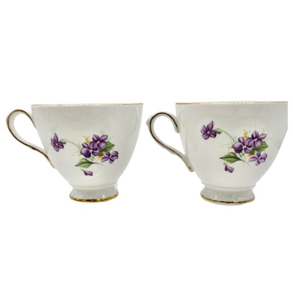 Vintage Queens Royal Bone China Tea Cups Pair Purple Floral Gold Trim England - Picture 4 of 7